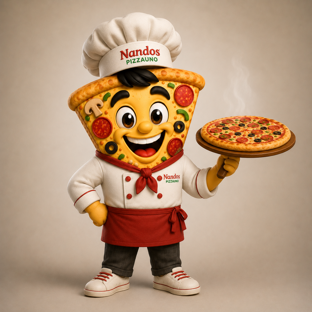 Nandinho, a mascote da Nandos Pizzauno, vestido de chef e a servir uma pizza